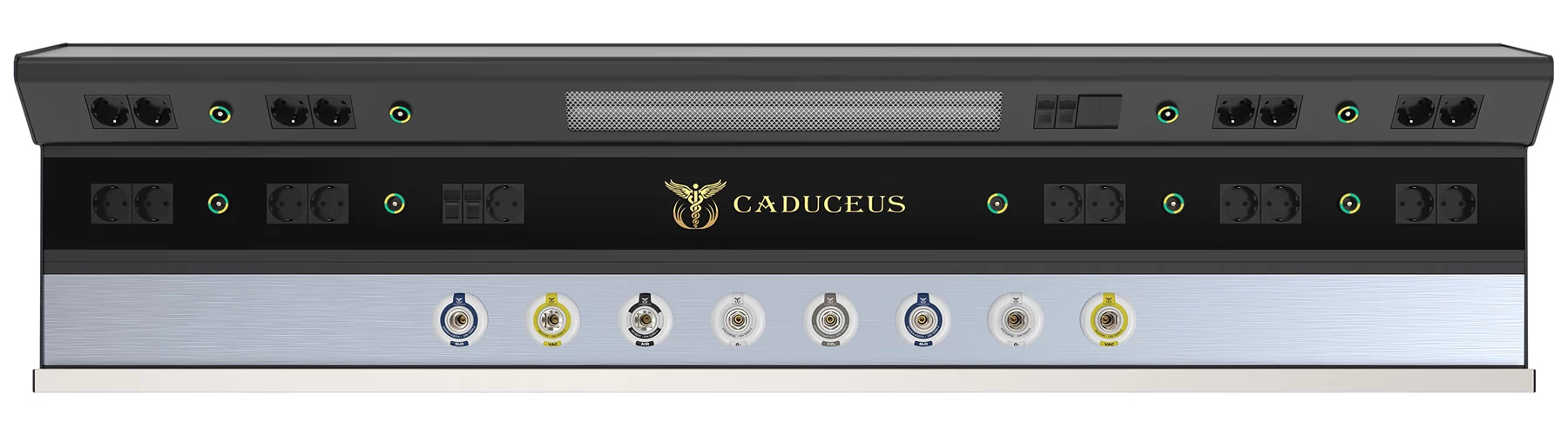 Медицинская консоль настенная CADUCEUS (Кадуцей) CN4. Цвет: черный корпус и панель из анодированного алюминия